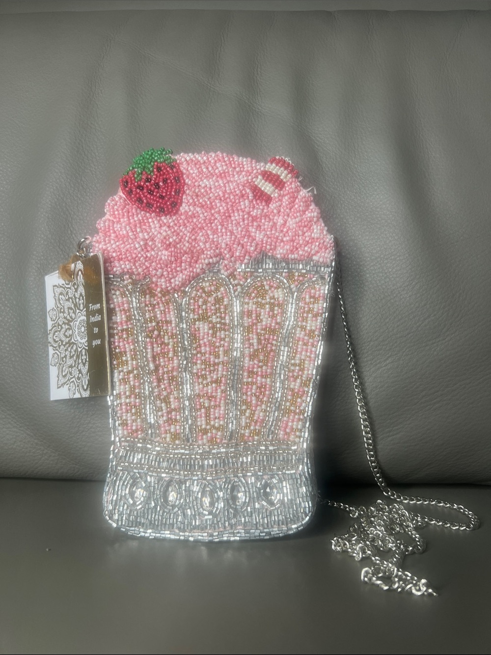 Beaded Pink Cupcake Crossbody Bag with Silver Chain